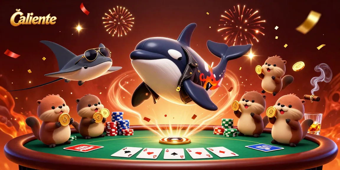 Caliente showcases a vibrant scene featuring characters engaged in dynamic gambling action with casino elements.