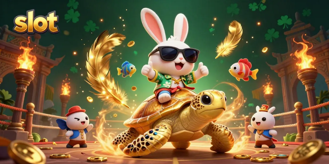 Putaran slot gacor dengan kelinci beruntung dan kura-kura emas di arena bertema