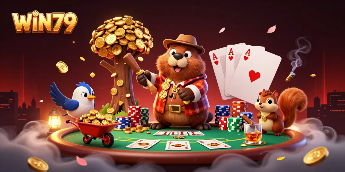 WIN79 card game scene showcasing fun characters collecting gold coins and playing poker.