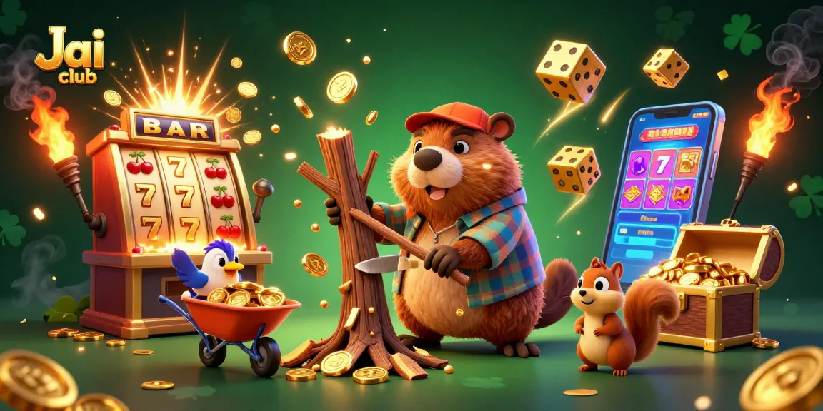 Experience the excitement of Jai club with a vibrant illustration of animated characters enjoying casino games and gold rewards.