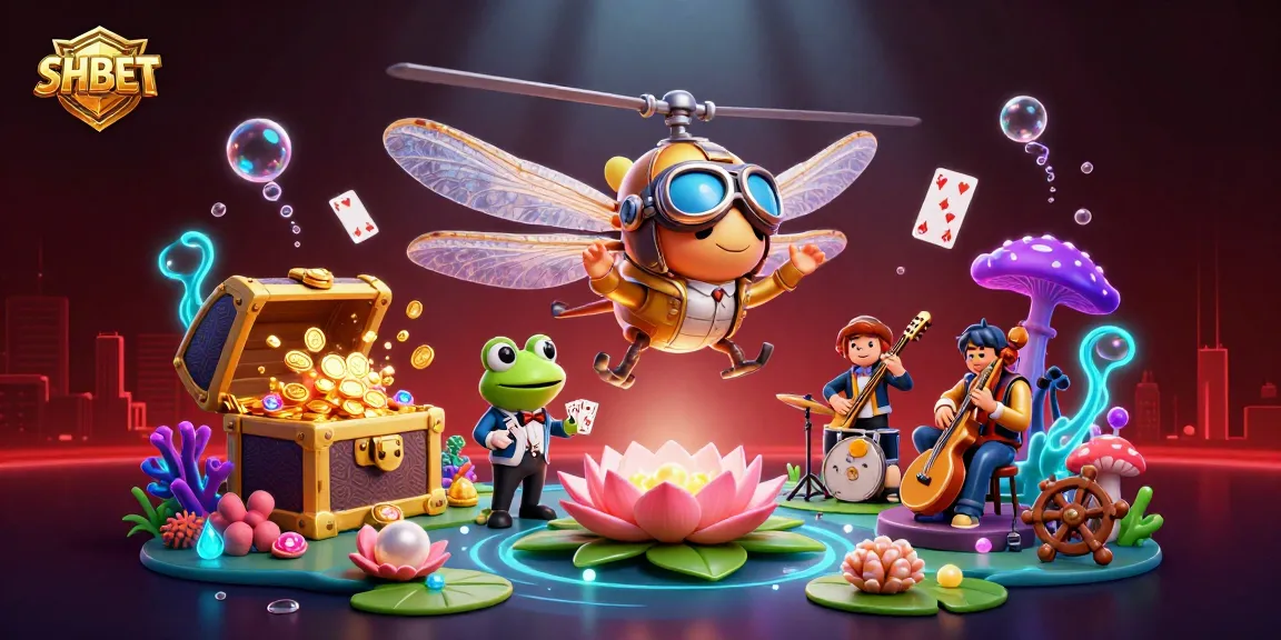 Bet on SHBET at a vibrant lily pad casino with unique 3D characters and dynamic gaming elements.