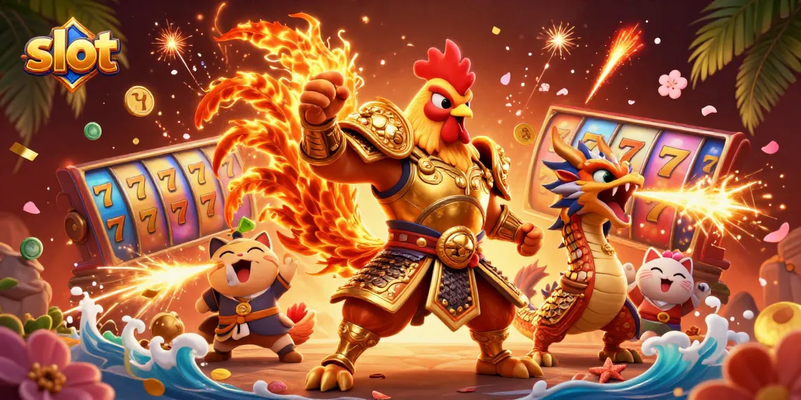 Putaran slot yang mendebarkan dengan karakter pahlawan ayam dan naga menghiasi suasana.