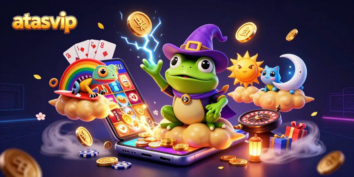 Engage with the vibrant atmosphere of atasvip, where a weather wizard frog conjures coins amidst a golden cloud scene.