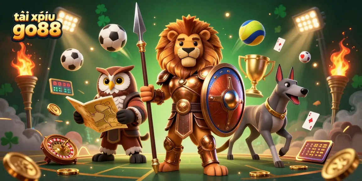 Tài xỉu go88 showcases an intense game scene featuring a Spartan lion, an owl strategist, and a swift greyhound in dynamic casino action.