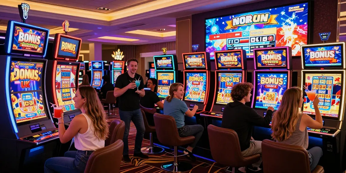 Exciting casino scene showcasing friends enjoying bonus buy slots UK game with vibrant decor and cocktails.