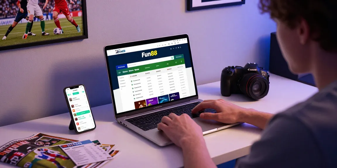 Engaging fun88casino online betting scene with user at modern desk, laptop showing sports betting.
