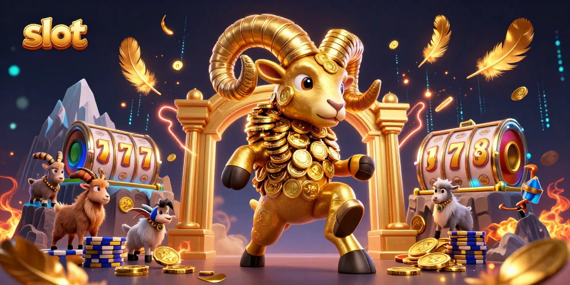 Spin winning slot reels featuring a golden ram amidst coins and vibrant casino elements.