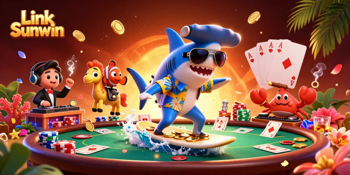 Engage in thrilling gameplay with Link Sunwin at the vibrant casino, featuring a shark and clownfish amidst gold coins.