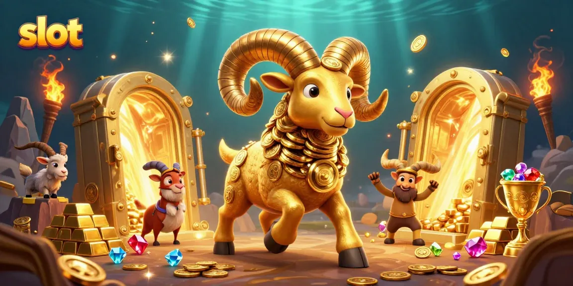 Slot gacor yang menarik dengan elemen kasino, rams emas, dan harta berlimpah.