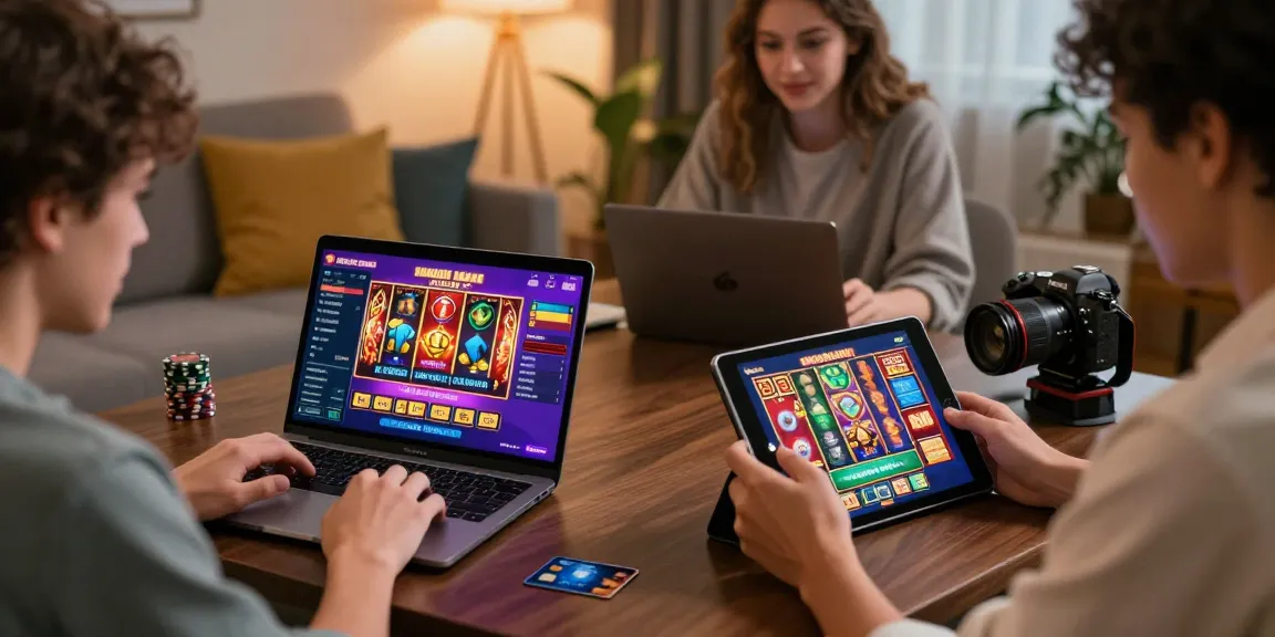 Players enjoying new credit card casinos, focused on engaging games with vibrant interfaces and promoting a fun atmosphere.