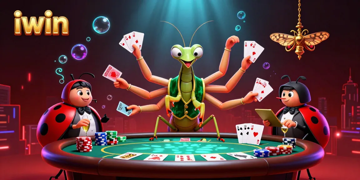 Engage with iwin at the vibrant poker scene featuring a giant mantis dealer and dynamic game elements.