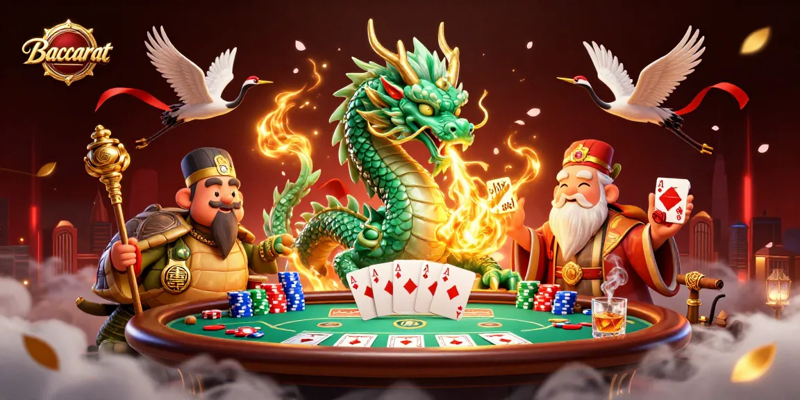 Baccarat game illustration featuring a jade dragon, wise turtle sage, and lucky cranes amidst vibrant casino elements