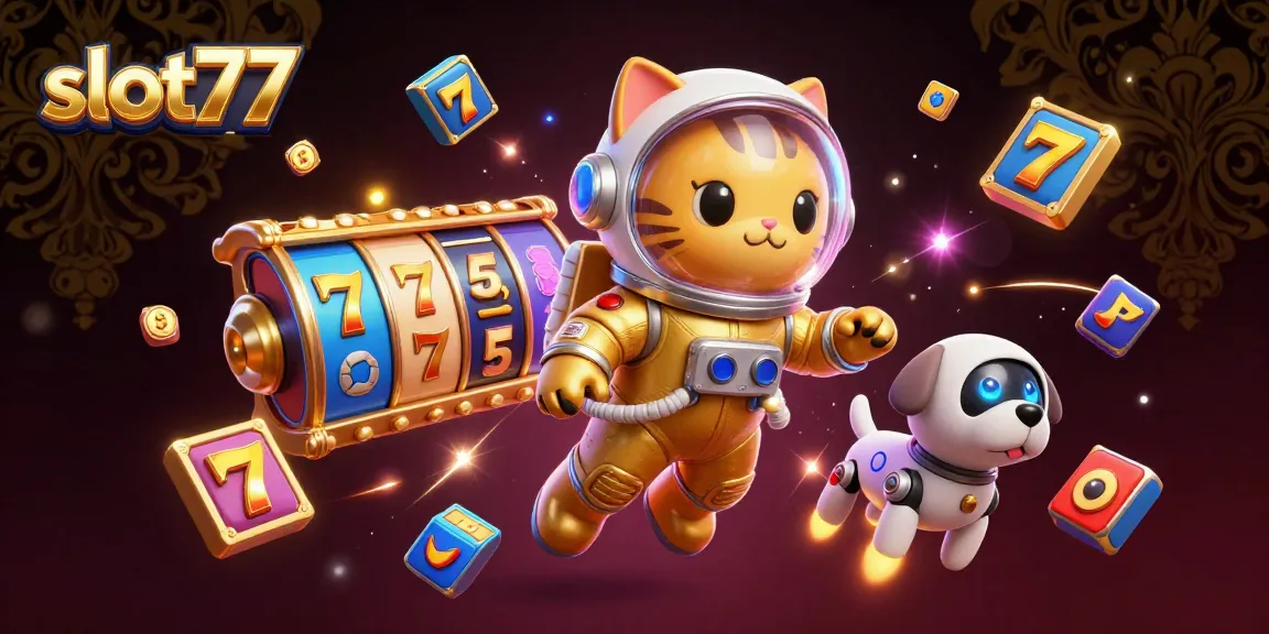 Spin the reels with slot77 and enjoy the colorful jackpot action in this vibrant casino-themed illustration.