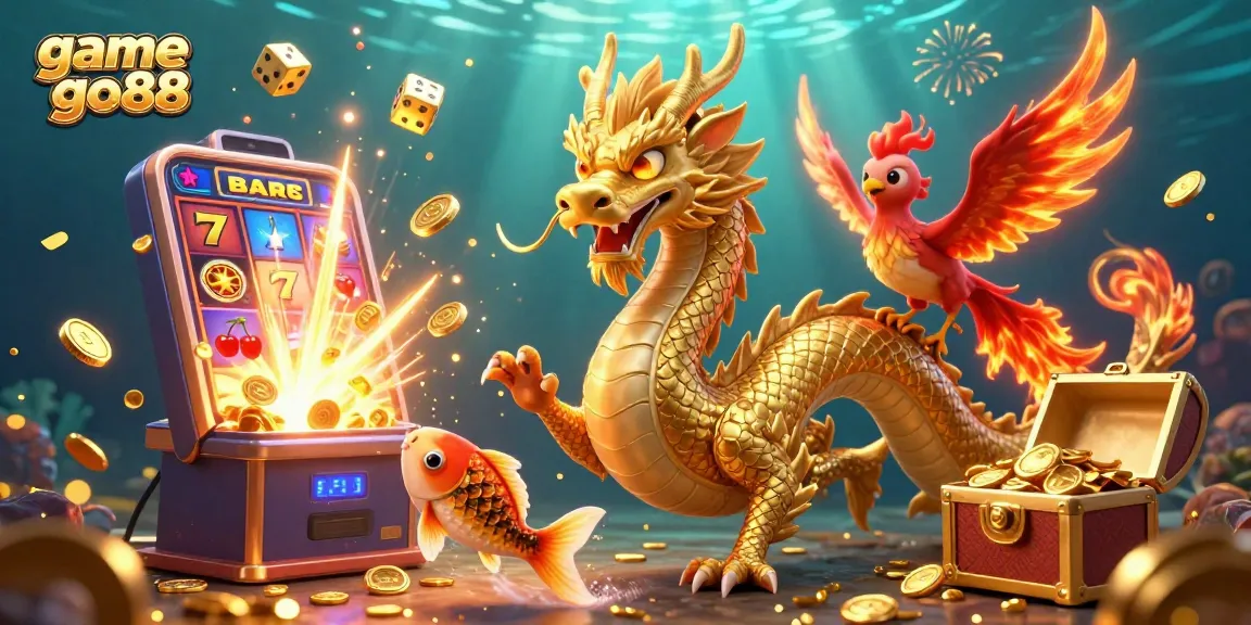 Win big with game go88 featuring a dragon, phoenix, and koi in an exciting casino environment.