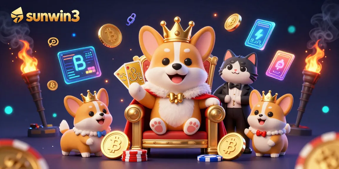 Experience excitement at sunwin3 with a regal corgi on a poker chip throne and crypto elements surrounding it.
