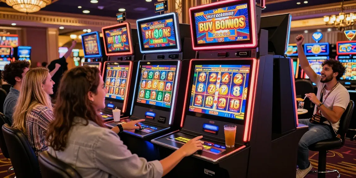 Players excitedly engaging with bonus buy slots in a vibrant casino atmosphere.