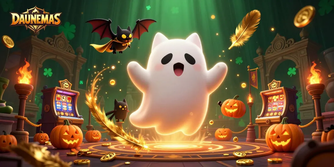 Join DAUNEMAS in a thrilling launch with playful ghost cat and vampire bat in a haunted casino.