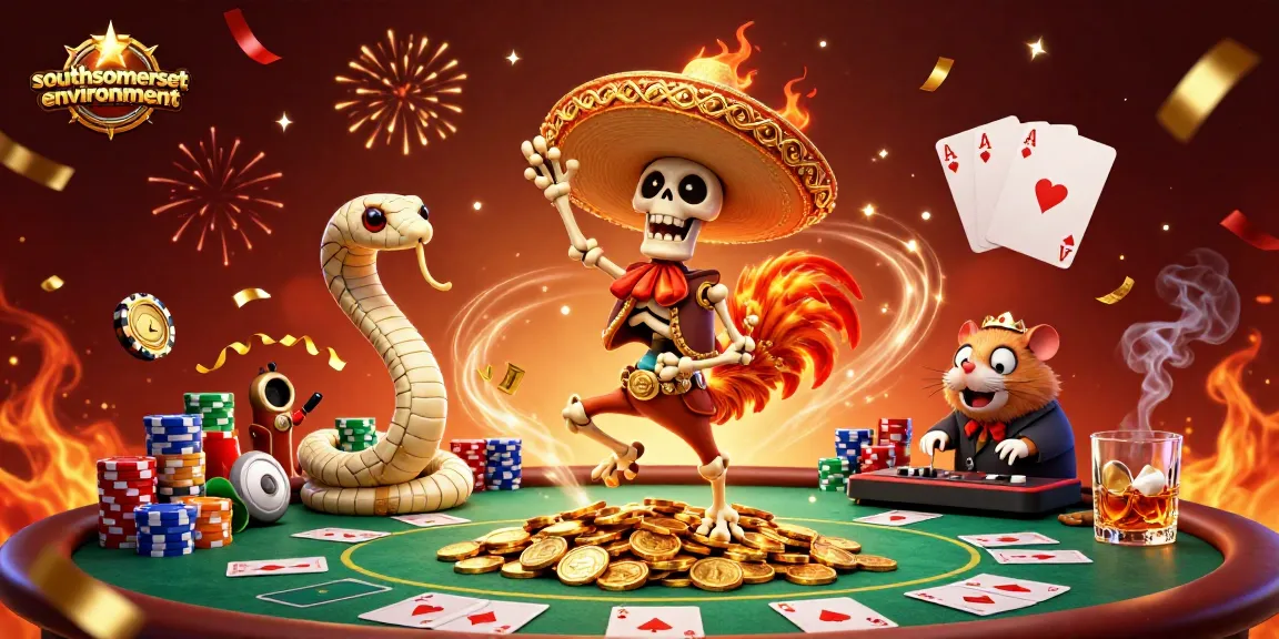 Skeleton mariachi and friends celebrate at southsomersetenvironment poker table with colorful chips.