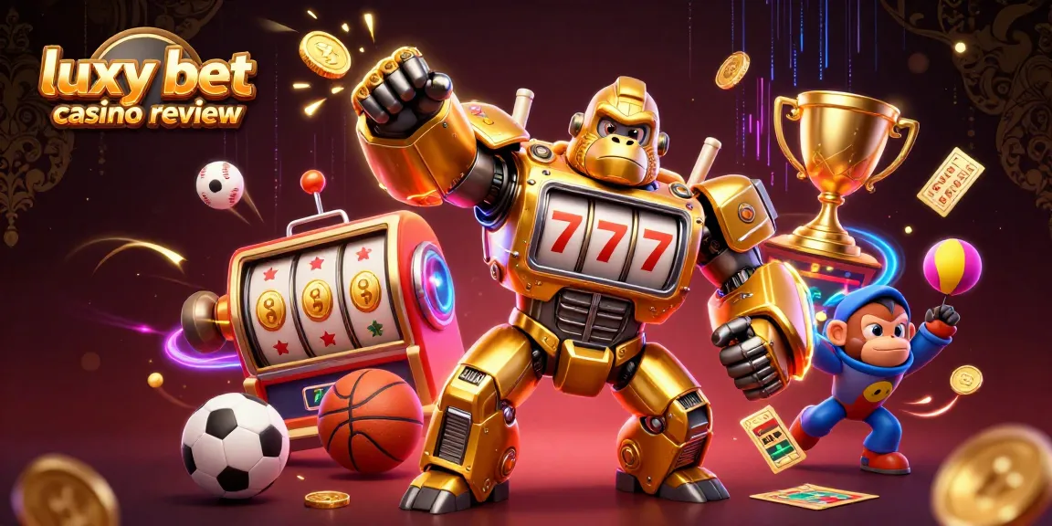 Engage with the luxy bet casino review illustrated by a dynamic, vibrant 3D casino scene featuring a golden gorilla mech.