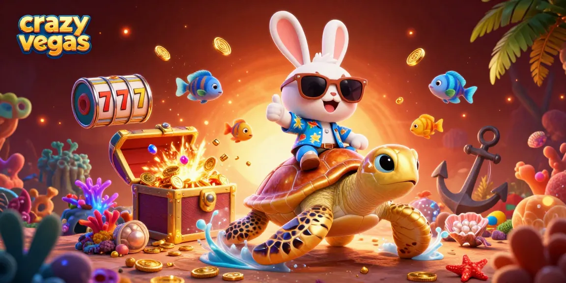 Engage with exciting slots at crazyvegas while the rabbit rides a golden turtle surrounded by vibrant treasures.