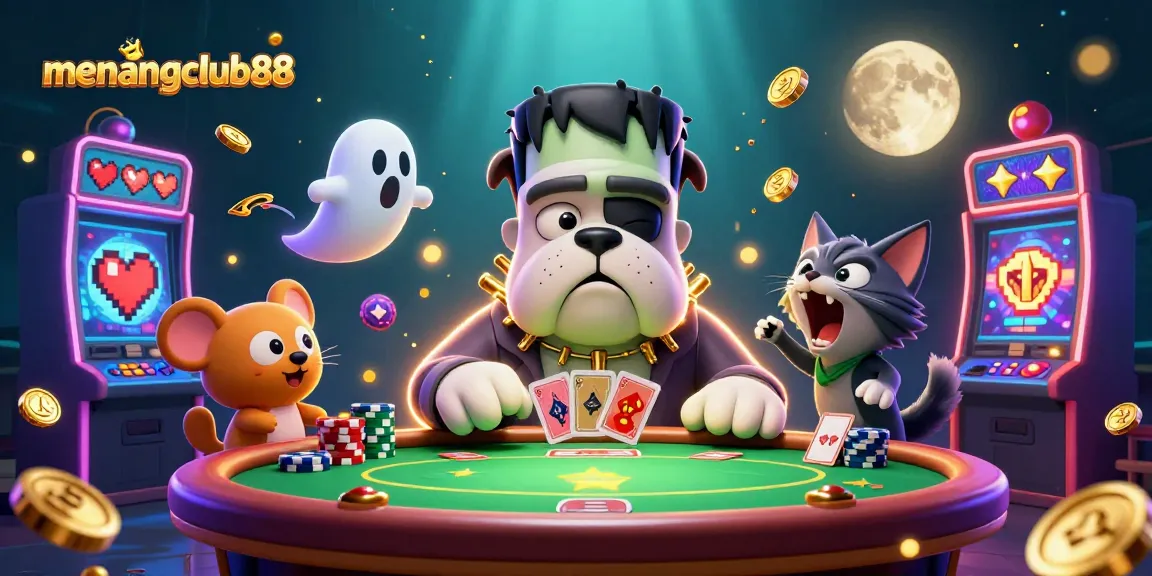 Engage with menangclub88 in this thrilling scene with a bulldog, ghost mouse, and a kitten at a spooky poker table.