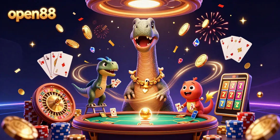 Experience the excitement of open88 as a giant brontosaurus oversees a poker table and cascading casino elements.