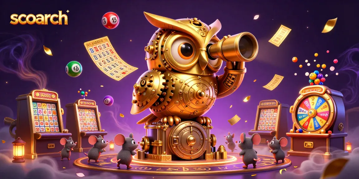 Engage with scoarch's dynamic casino scene, featuring a golden owl, vibrant lottery elements, and thrilling gaming action.