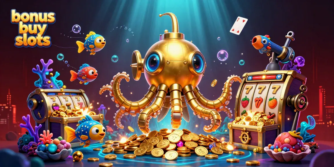 Engage with exciting bonus buy slots showcased by a golden kraken submarine amidst golden coins.