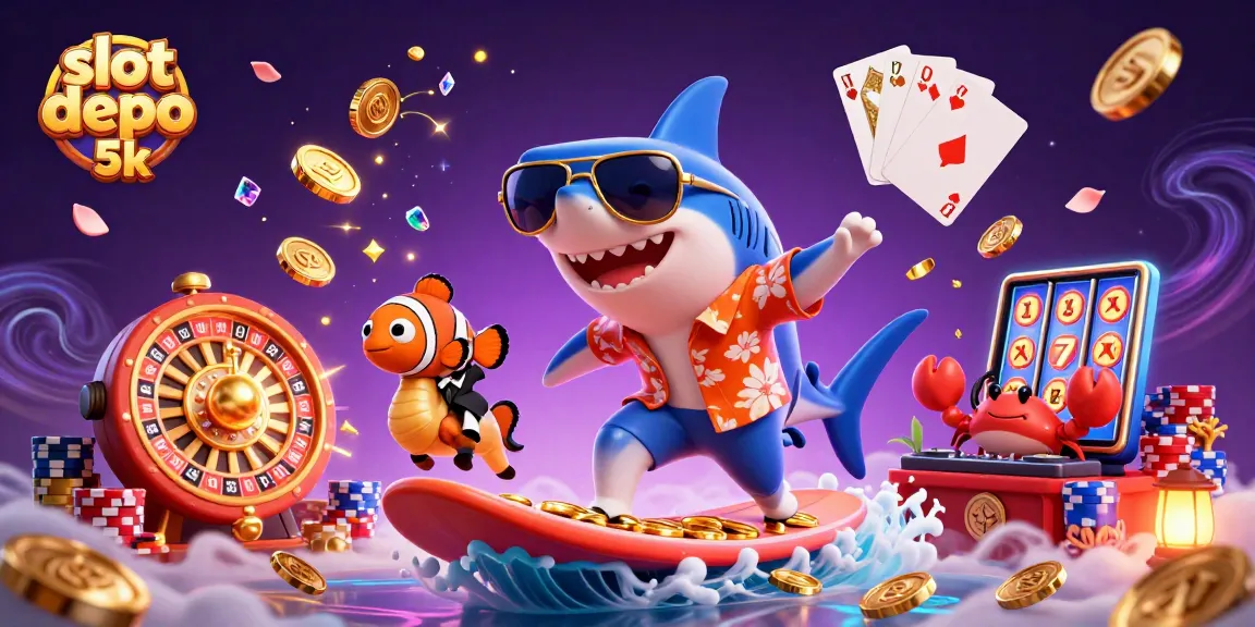 Experience the thrill of slot depo 5k with a dynamic scene of a shark surfing gold coins and vibrant casino elements.
