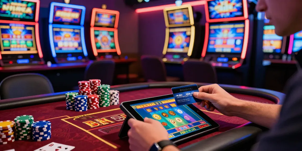 Playing at credit card casinos with vibrant slot machines and card tables in the background, highlighting the excitement of online gambling.