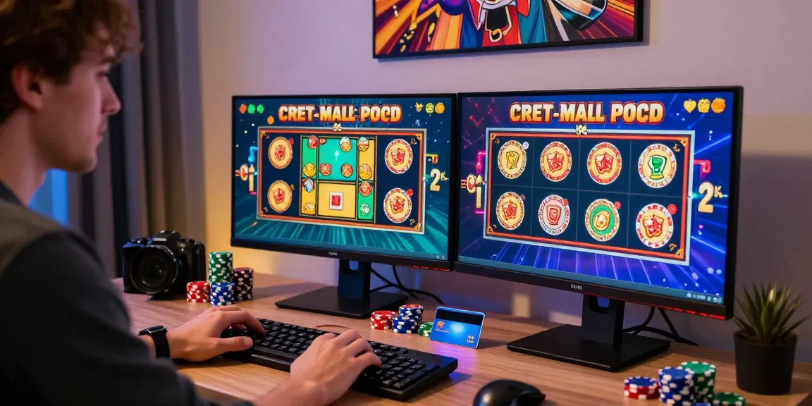 A player enjoying credit card casinos UK on dual monitors with casino themes.