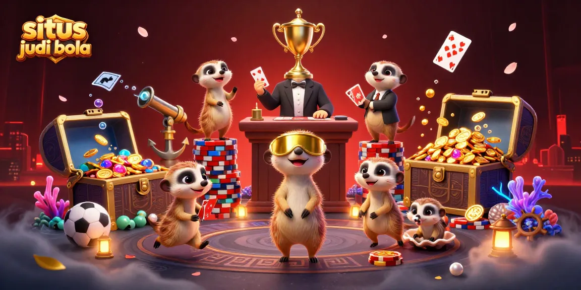 Engage with situs judi bola in a vibrant 3D scene featuring meerkats running a sports betting operation.