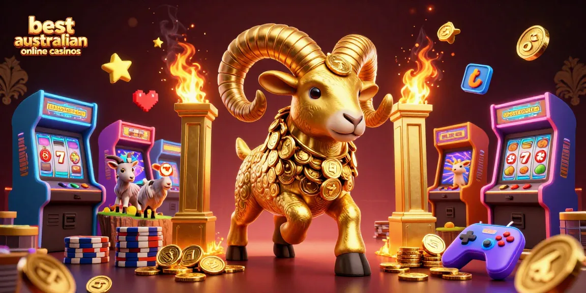 Experience the thrill of the best australian online casinos with golden ram, coin stacks, and vibrant game elements.