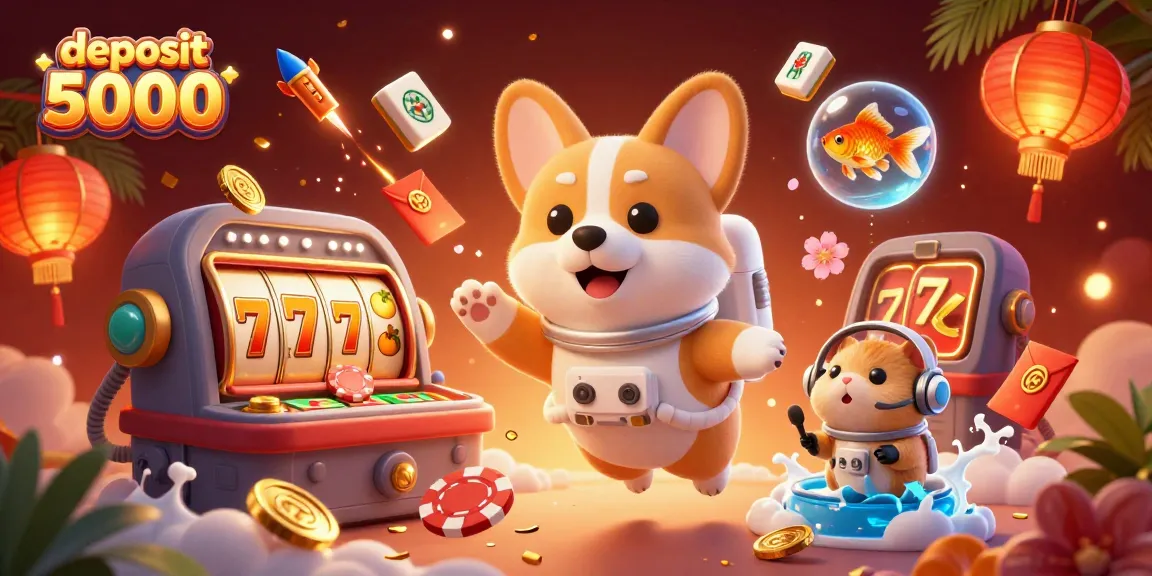Experience the thrill of a casino atmosphere with a playful corgi astronaut amidst vibrant elements and a deposit 5000 theme.